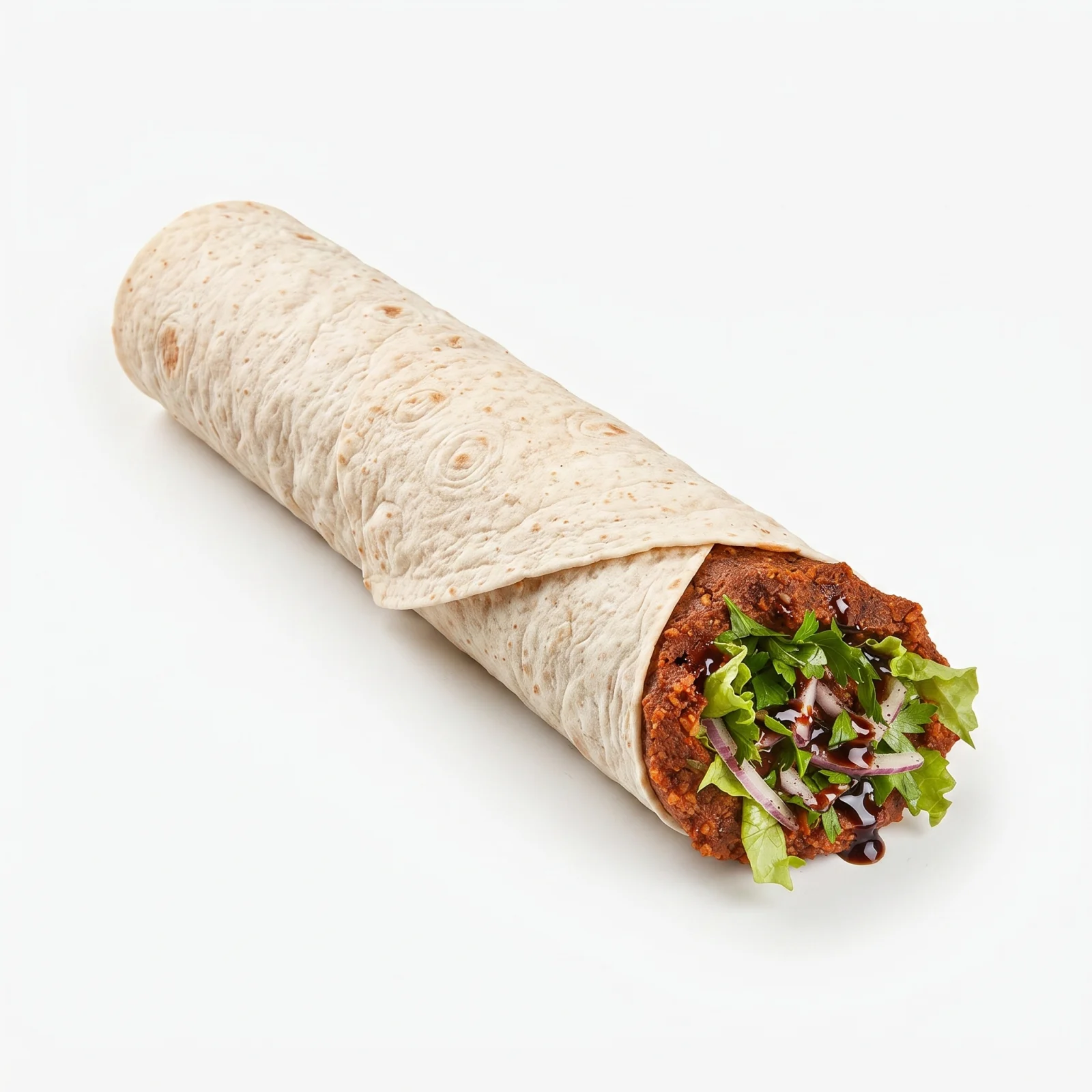125 gr çiğ köfte, çift lavaş ve taze garnitürlerle hazırlanmış Mega Çiğ Köfte Dürüm.