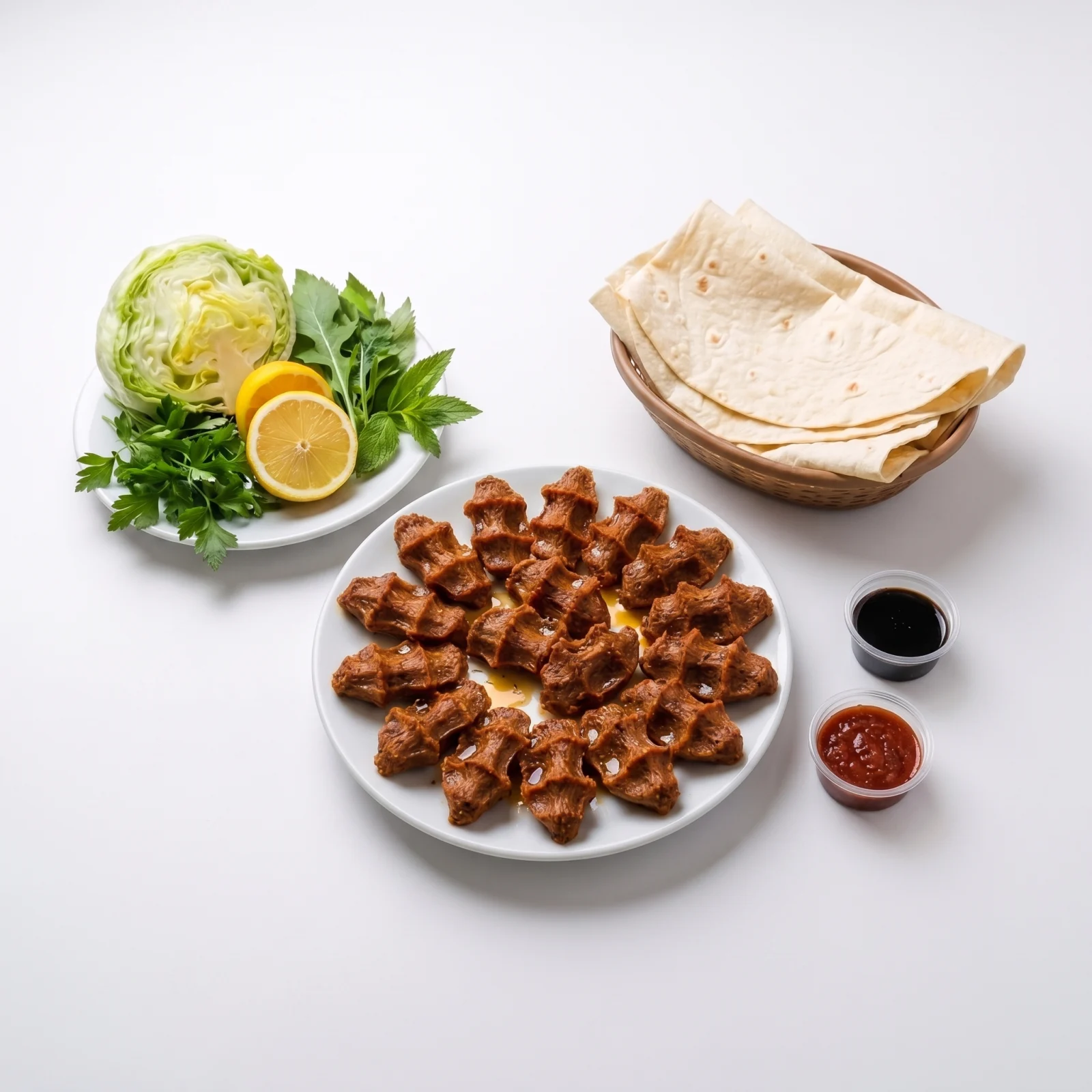 200 gr etsiz çiğ köfte; göbek marul, limon, lavaş ve soslarla birlikte servis edilir.